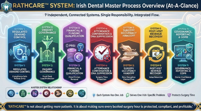"Diagram of the RATHCARE 7-step dental operations system: Demand Control, Enquiry Governance, PRSI Funding Qualification, DNA Suppression, Surgery Handoff, Revenue Recovery, and GDPR Reporting.